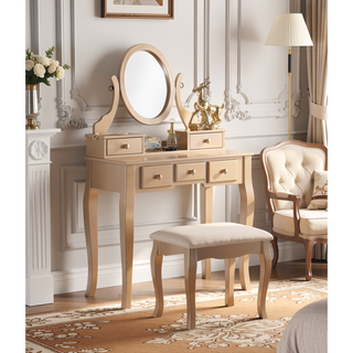 Sunvega Adjustable Oval Wooden Frame Vanity Table with Mirror and Stool