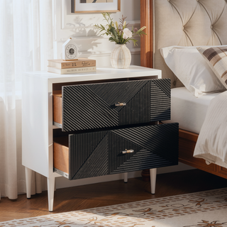 Sunvega White and Black Accent Nightstand with Two Patterned Drawers and Wooden Legs