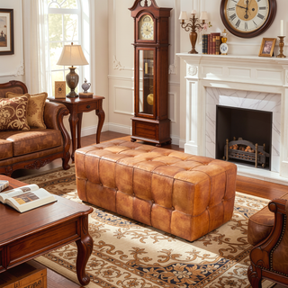Sunvega Genuine Tan Leather Bench with Teak Frame for Living Room Bedroom
