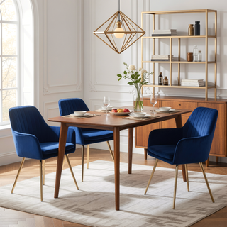 Sunvega Blue Velvet Mid-Back Dining Chairs with Gold Plated Legs for Living Room
