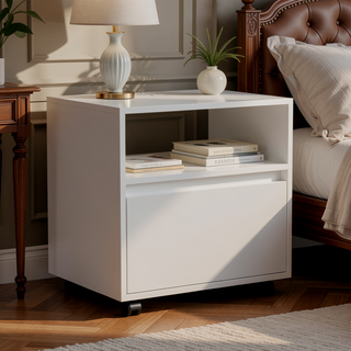 Sunvega White Nightstand with Drawer and Casters for Bedroom or Living Room
