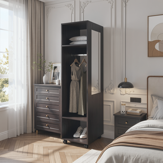 Sunvega Benson Wardrobe with Mirror and Open Storage on Wheels for Bedroom