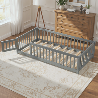 Sunvega Twin Size Floor Bed with Safety Guardrails and Door for Kids in Natural
