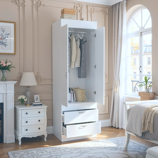 Sunvega White Armoire with Double Doors Two Drawers and Metal Handles