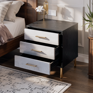 Sunvega Black Silver Gold Nightstand with Three Drawers Crocodile Pattern Fronts