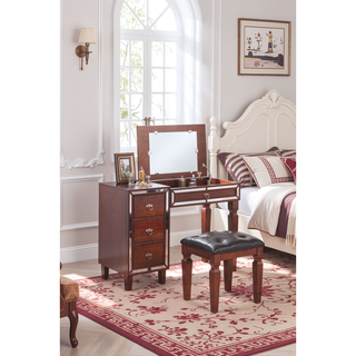 Sunvega Traditional Cherry Wood Vanity Set with Tufted Stool and Storage Drawers