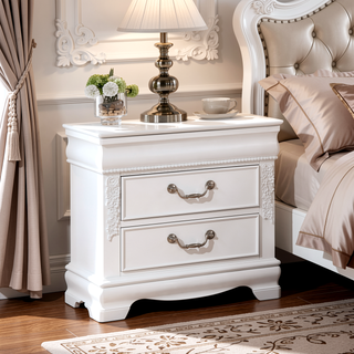 Sunvega White Transitional Nightstand with Faux Wood Carving and Nickel Hanging Pulls