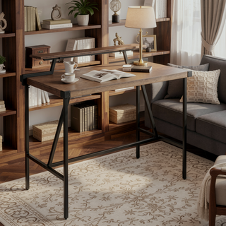 Sunvega Industrial Black Metal and Brown Wood-Pressed Grain Bamboo Counter Table