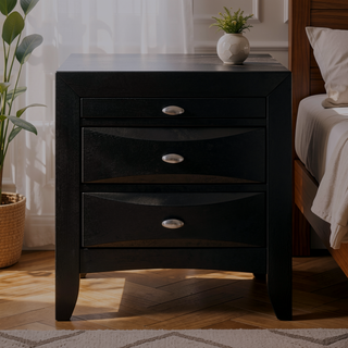 Sunvega Lucille Black Nightstand with Spacious Drawers and Chambered Fronts