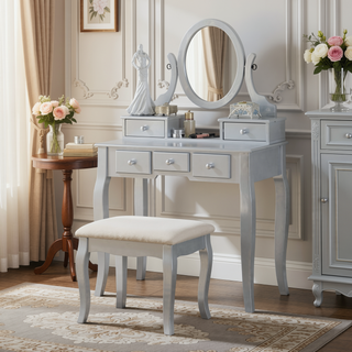 Sunvega Adjustable Oval Wooden Frame Vanity Table with Mirror and Stool