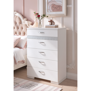 Sunvega White High Gloss Chest with 5 Spacious Drawers and Glittery Accents
