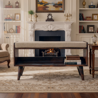 Sunvega Solid Mango Wood California Walnut Finish Bench with Mud Linen Upholstered Seat Pad