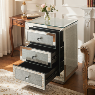 Sunvega Glam Style Nightstand with Three Mirrored Drawers and Faux Diamonds