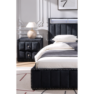 Sunvega Beige Contemporary Nightstand with Crystal Knobs and Vertical Tufting