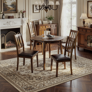 Sunvega Transitional Dark Brown Walnut Wood Round Dining Table With 4 Curved Ladder-back Chairs