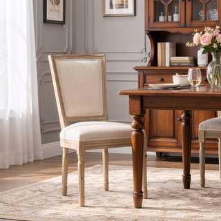 Sunvega French Style Solid Wood Frame Linen Fabric Oval Back Dining Chairs Set of 2