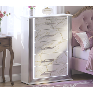 Sunvega Modern White and Gold Finish Five-Drawer Chest with LED Lights