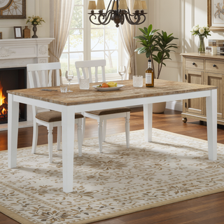 Sunvega Farmhouse-Inspired Rectangular Dining Table with White Base and Brown Wood Top