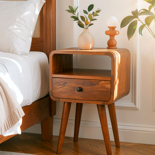 Sunvega Mini Oak-ish Curve Nightstand with 1 Drawer and Open Slot