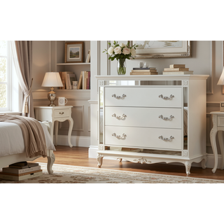 Sunvega White Milan Mirror Framed Wood Chest with Spacious Storage Drawers