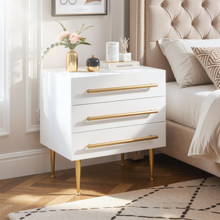 Sunvega Modern White Nightstand with Gold Accent and Three Wooden Drawers