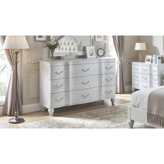 Sunvega Silver Wood 9-Drawer Dresser With Metal Pulls And Curved Front Design
