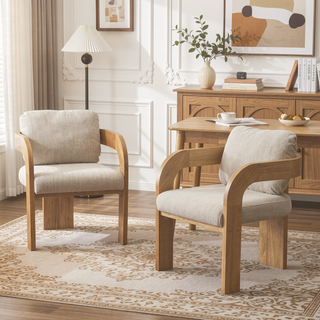 Sunvega Dining Chairs with Pillow Back, Natural Rubber Wood Frame and Beige Fabric, 2-Pack