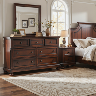 Sunvega Brown Cherry Finish Birch Veneer Nightstand with 2 Dovetail Drawers and Bun Feet