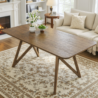 Sunvega Walnut Oak Geometric Cross Base Rectangular Dining Table for 6