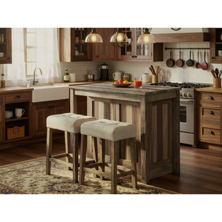 Sunvega Transitional Brown Rubberwood Dining Table with 2 Tufted Seat Stools