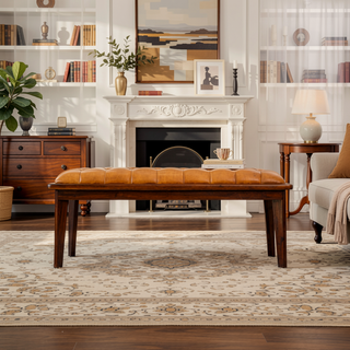 Sunvega Mid-Century Modern Tan Leather Upholstered Bench With Buttons