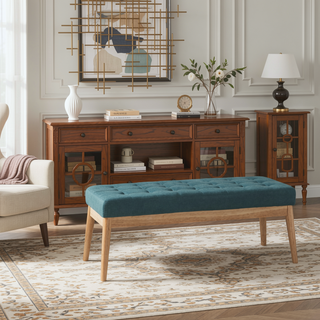 Sunvega Mid Century Modern Tufted Bench with Solid Birch Legs and Natural Finish