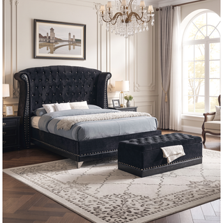 Sunvega Black Tufted Storage Trunk with Nailhead Trim and Metallic Legs