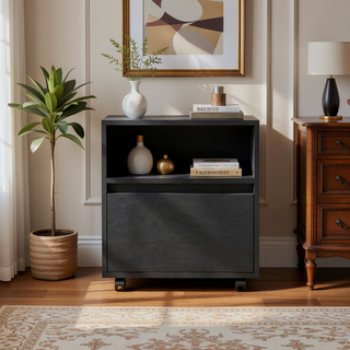 Sunvega Modern White Nightstand with Drawer and Casters for Bedroom Living Room