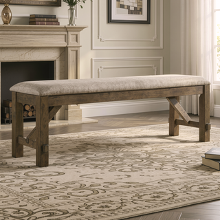 Sunvega Farmhouse Dining Bench with Tan Textured Fabric Upholstery and Foam Padding