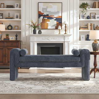 Sunvega Modern Glam Accent Bench with Chenille Upholstery and Bolster Pillows