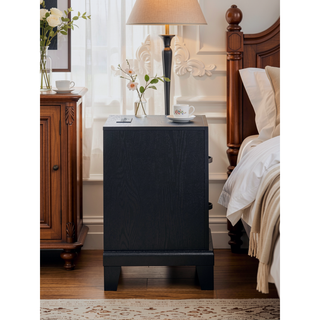 Sunvega Modern Black Nightstand with Two Drawers and Built-In AC USB Outlets