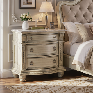 Sunvega Glamorous Vintage Nightstand with Marble Top and Three Drawers