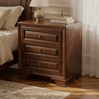 Sunvega Brown Cherry Solid Wood Transitional Nightstand with USB Outlet and Nightlight