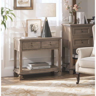Sunvega Gray Oak Finish Classic Transitional Nightstand with 2 Drawers and Open Shelf