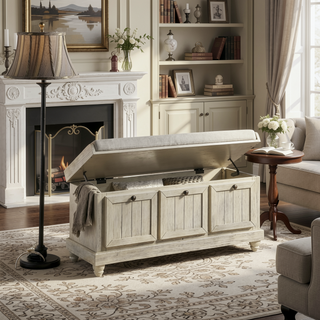 Sunvega Antique White Solid Wood Bench with Lift Top Storage and Cushioned Seat