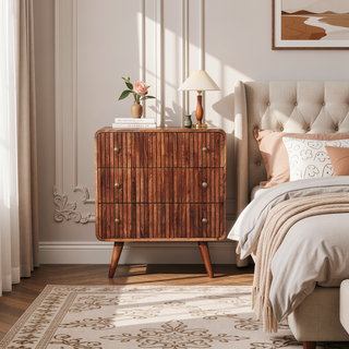 Sunvega Honey Caramel Solid Mango Wood T-Bar Ridged Chest with 3 Drawers