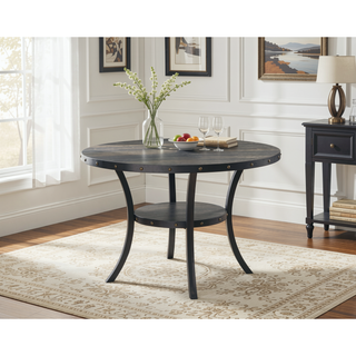 Sunvega Espresso Wood Round Dining Table with Brass Nail-heads and Metal Legs
