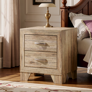 Sunvega Natural Wood Nightstand with 2 Dovetail Drawers and Metal Handle