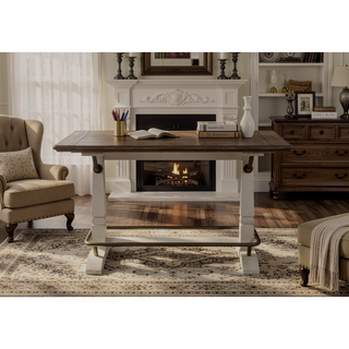 Sunvega White Gathering Table with Plank Top and Double Pedestal Base for Six