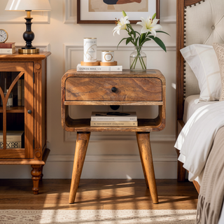 Sunvega Mid-Century Modern Oak-ish Nightstand with Drawer and Open Shelf