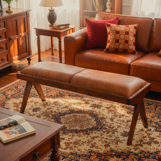 Sunvega Mid Century Modern Tan Leather Upholstered Bench with Solid Wood Frame