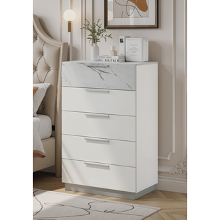 Sunvega Mist Chest White High-Gloss Lacquer Finish with Five Smooth-Glide Drawers