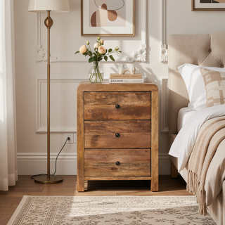 Sunvega Solid Mango Wood Naya Nightstand with 3 Spacious Drawers and Brass Knobs