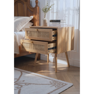 Sunvega Modern Vintage Nightstand with Caned Drawers for Bedroom Storage
